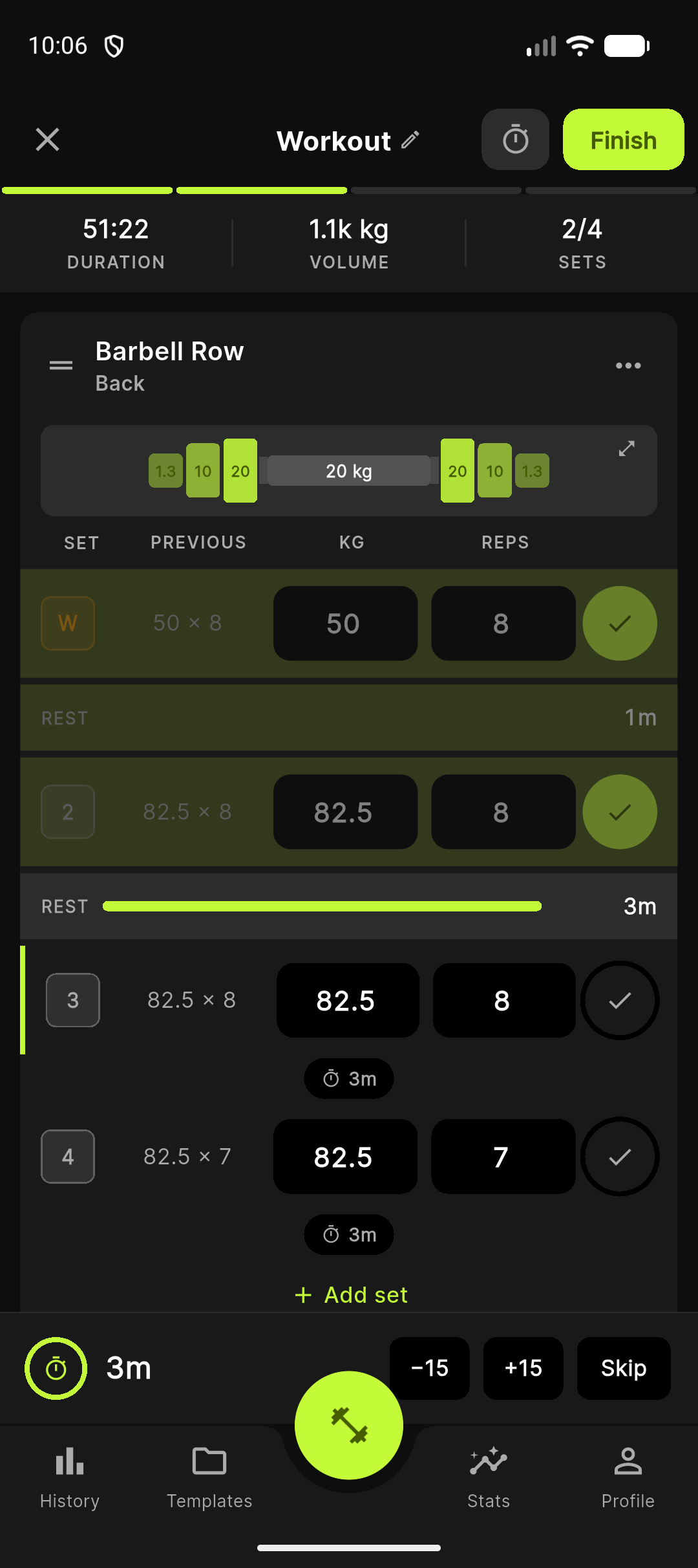Tillen — Barbell Row, mid-session, 2/4 sets complete, rest timer active